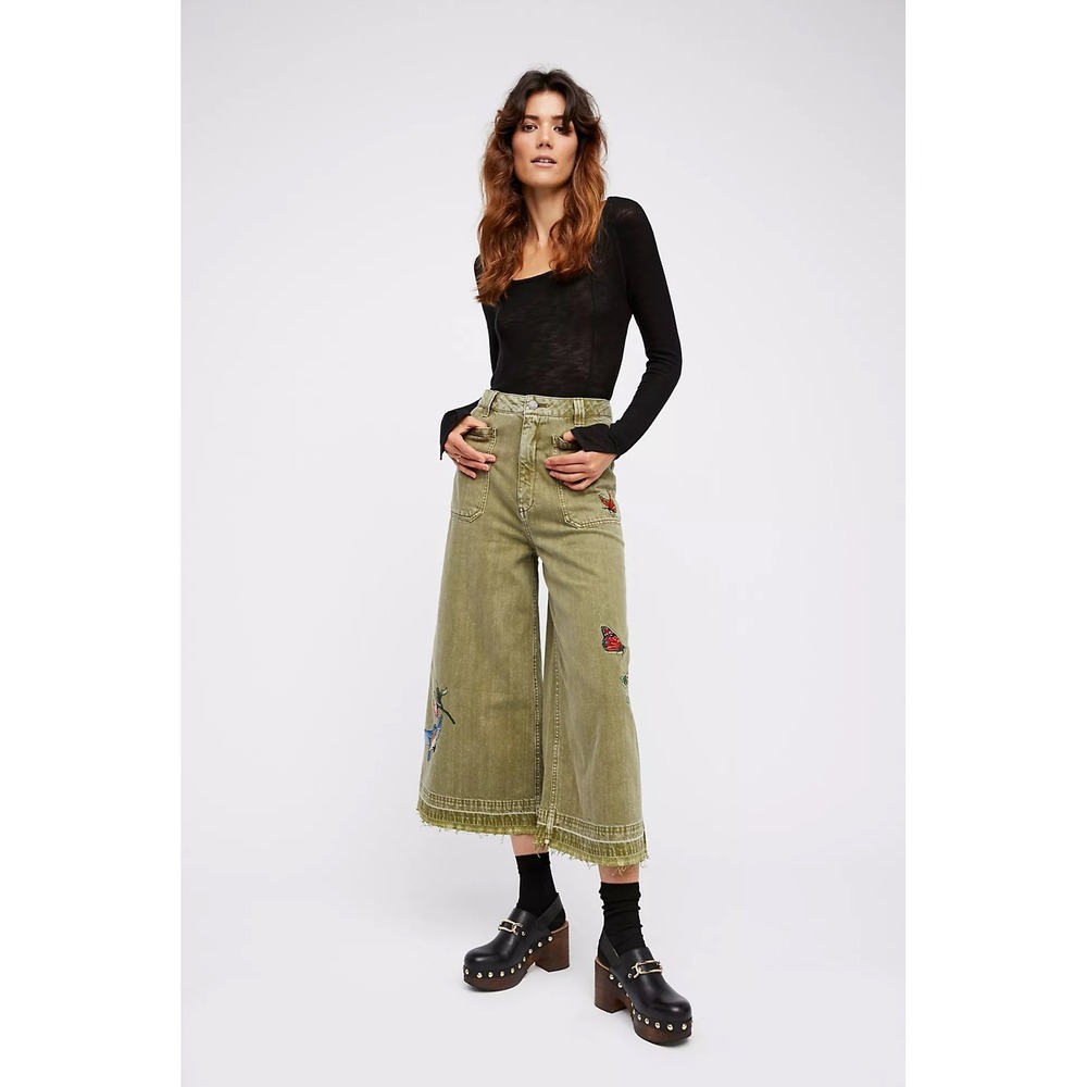 Free People We The Free Embellished Dusk Crop Jean Olive Green Wide Leg 30